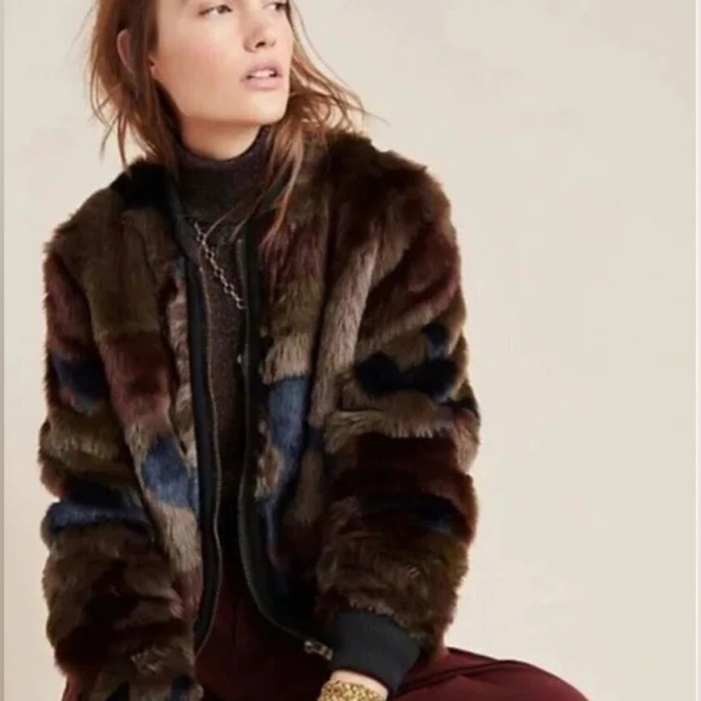 Anthropologie Camouflage patterned fur cropped jacket.